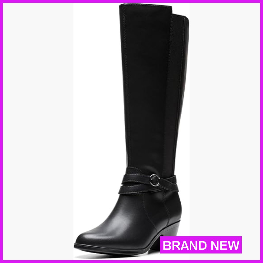 Knee High Leather Boots Classic Equestrian Style Block Heel Chic Workwear